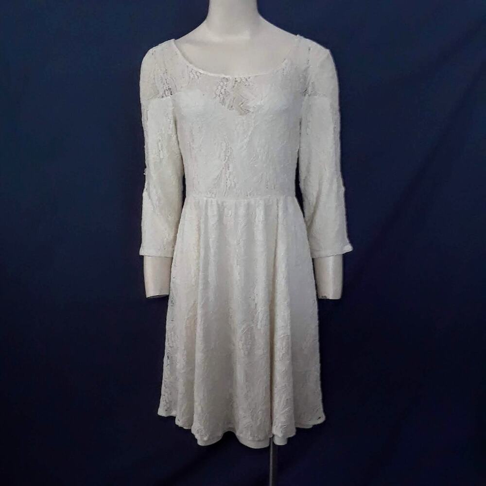 FREE PEOPLE Cream Lace Dress Stretchy Lined SZ S Babydoll Sweetheart Long Sleeve